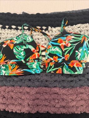 Time and Tru Black Tropical Floral Bikini Top with Green and Orange Accents
